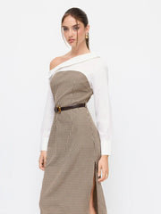 Cotton Fold Over Asymmetrical Neck Checks Patched Side Split Midi Dress With Belt