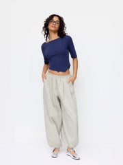 Cotton-blend Mid Rise Ruched Tapered Trousers