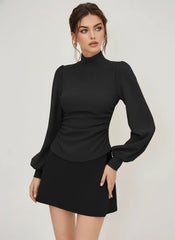 High Neck Solid Ruched Long Sleeve Top