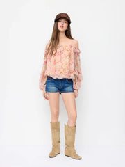 Chiffon Floral Off-shoulder Puff Sleeve Ruffled Oversized Blouse