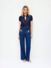 Puff Sleeve Tie-Front Ruffle Hem Denim Crop Top