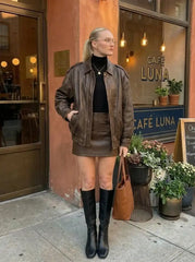 Faux Leather Mid Rise Belted A-line Mini Skort