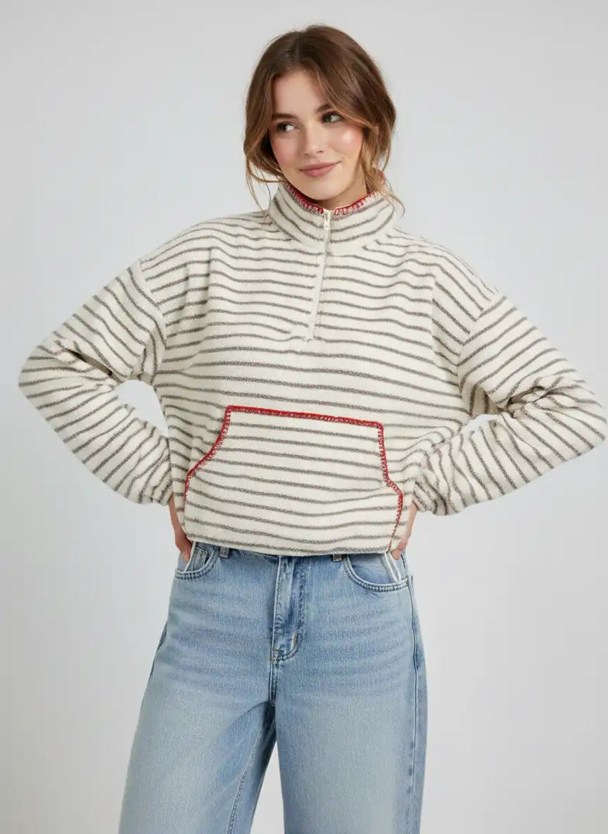Fleece Stand Collar Striped Zip Through Contrasting Binding Oversized Sweatshirt