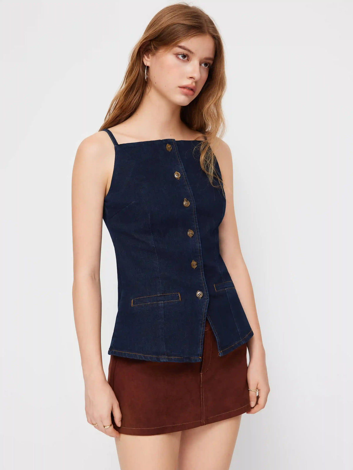 Stretch Denim Boat Neck Button Split Cami Top