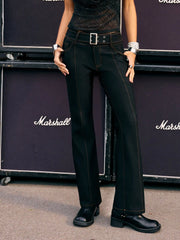 Low Rise Metal Detail Belted Flared Trousers