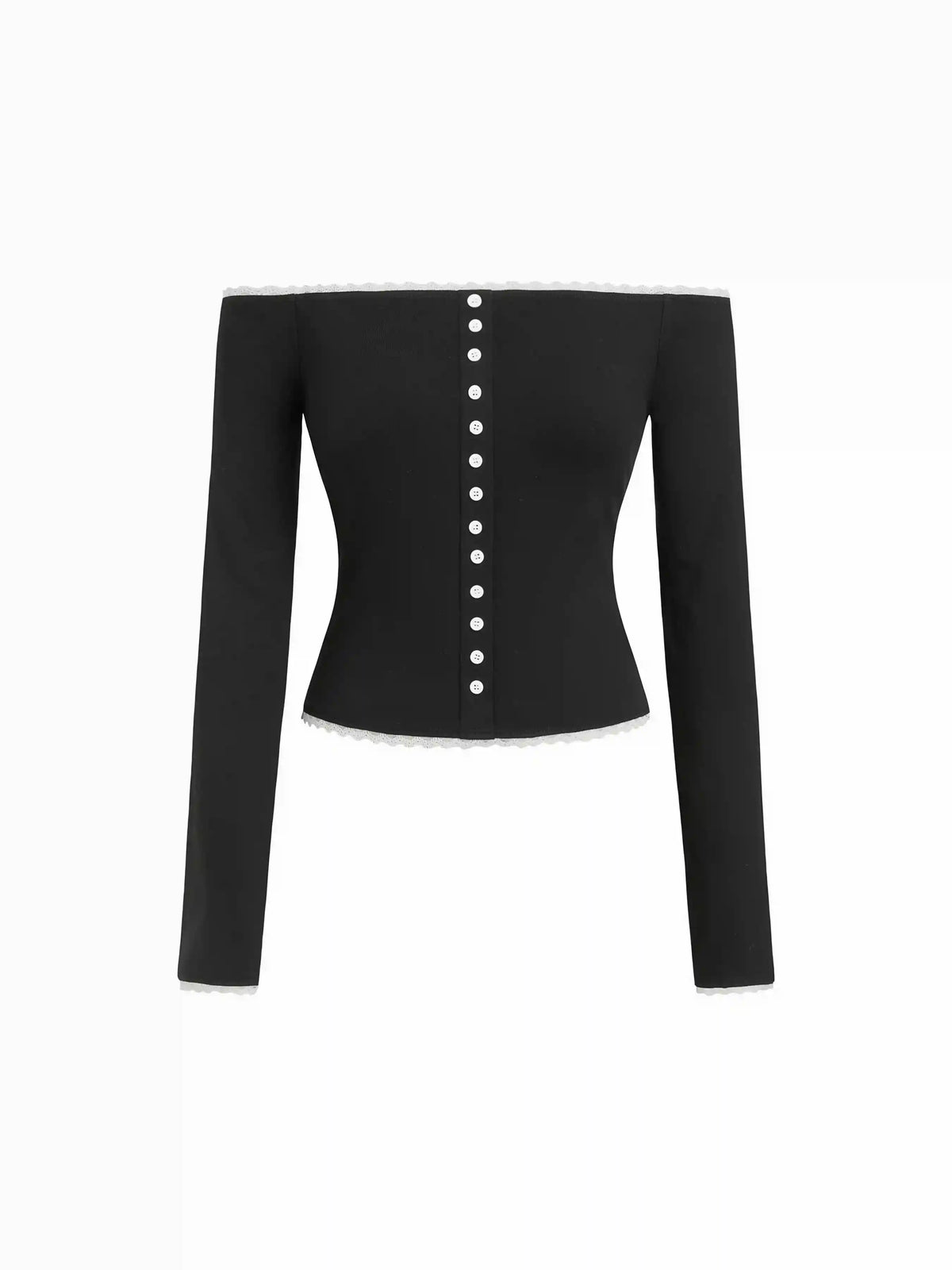 Off-shoulder Long Sleeve Lace Trim Button Front Top