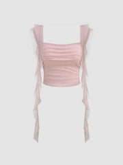 Mesh Square Neck Solid Ruched Ruffle Hem Crop Tank Top