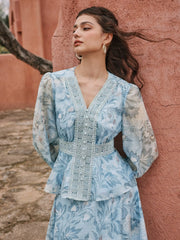 Floral V-neck Lantern Sleeve Lace Panel Peplum Hem Blouse