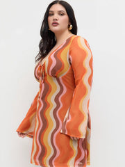 Mesh V-neck Abstract Wave Knotted Mini Dress Curve & Plus