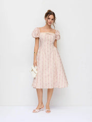 Cotton Floral Puff Sleeve Lace Trim Bowknot Flared Maxi Dress