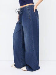 Washed Denim Knotted Low Rise Wide Leg Jeans