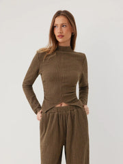 Cotton-blend High Neck Asymmetrical Hem Top & Mid Rise Straight Leg Trousers Set