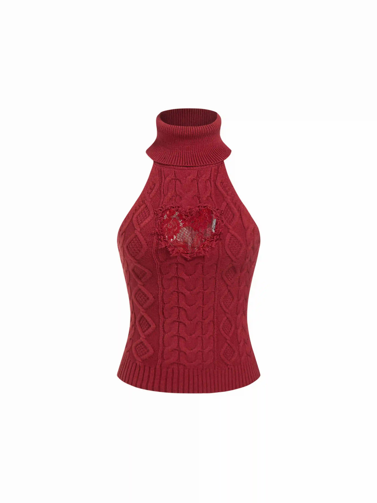 Cable Knit Turtleneck Heart Guipure Lace Tank Top