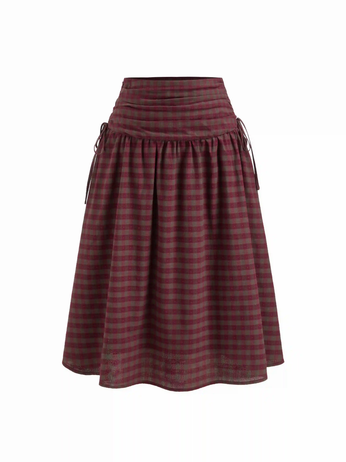 Cotton Mid Rise Plaid Bowknot Ruched Midi Skirt