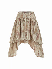 Floral Ruffled Asymmetrical Hem Flared Midi Skirt