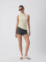 Stand Collar Tie-Neck Ruched Stitch Tank Top