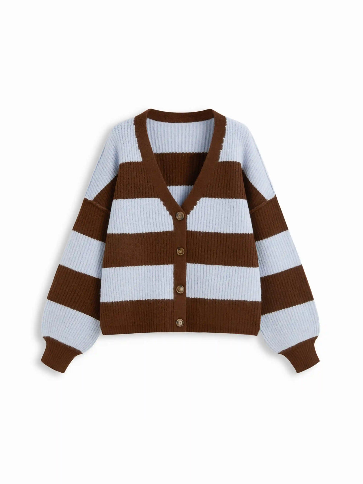 Knit V-neck Striped Lantern Sleeve Oversized Cardigan