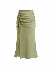 Mid Rise Ruched Drawstring Zipper Mermaid Maxi Skirt