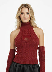 Cable Knit Turtleneck Heart Guipure Lace Tank Top