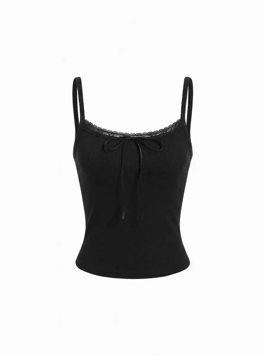 Cotton-blend Textured Scoop Neckline Lace Trim Bowknot Cami Top