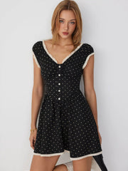 Jacquard Polka Dot V-neck Ruched Lace Trim Flared Mini Dress