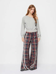 Cotton-blend High Rise Plaid Side Striped Lace Wide Leg Trousers