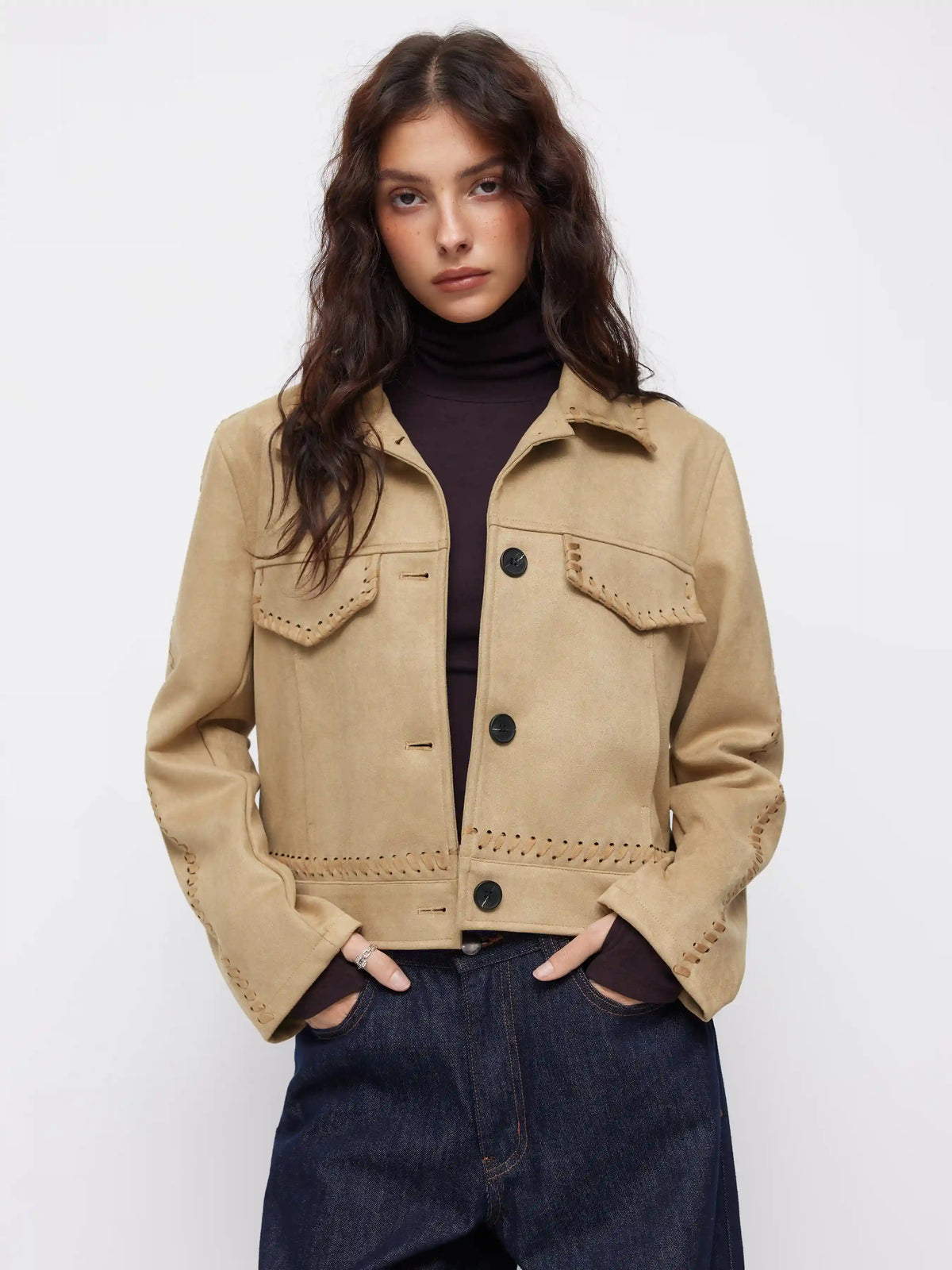 Decorative Stitch Button Suede Jacket