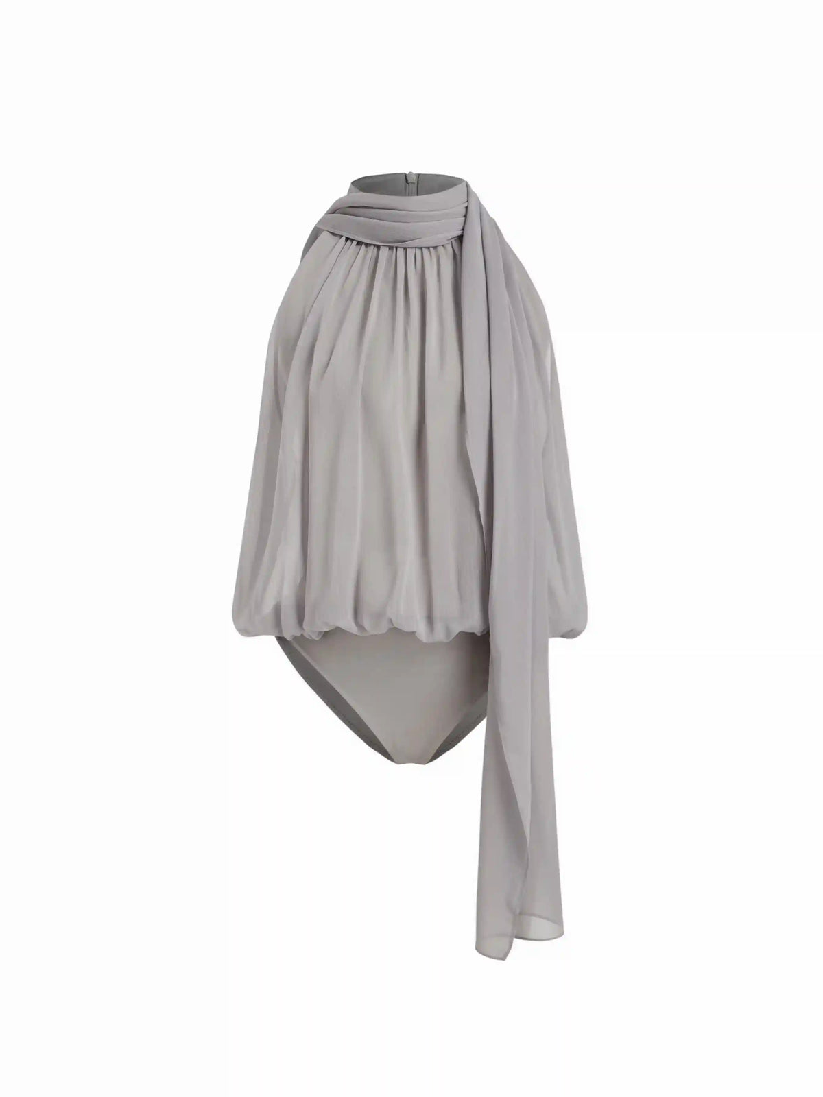 Chiffon Asymmetrical Neck Scarf Detail Sleeveless Bodysuit