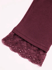 Square Neck Solid Lace Trim Ruched Long Sleeve Tee