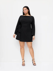 Boat Neck Bell Sleeve Tie Side Ruched Mini Dress Curve & Plus