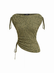Jacquard Boat Neck Drawstring Ruched Asymmertrical Top