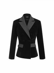 Velvet Two Tone Notched Collar Long Sleeve Double Breasted Blazer