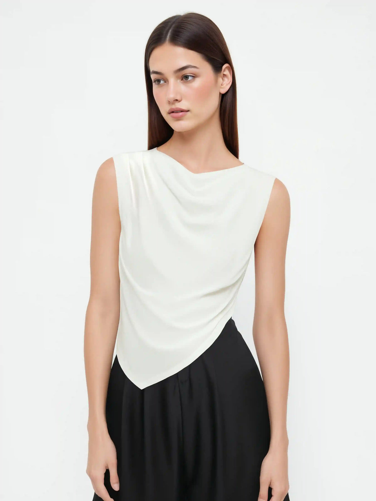 Cotton-blend Cowl Neck Asymmetrical Hem Top