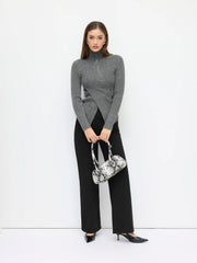 Knit Stand Collar Long Sleeve Wrap Split Button Top
