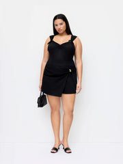 Stretch Denim Mid Rise Ruched Metal Detail Mini Skirt Curve & Plus
