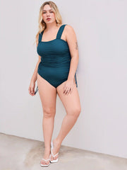 Shaping Square Neck Solid Drawstring Bracelet Cheeky Tankini Swimsuit Curve & Plus