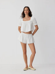 Cotton Puff Sleeve Crop Top & Low Rise Shorts Loungewear Set