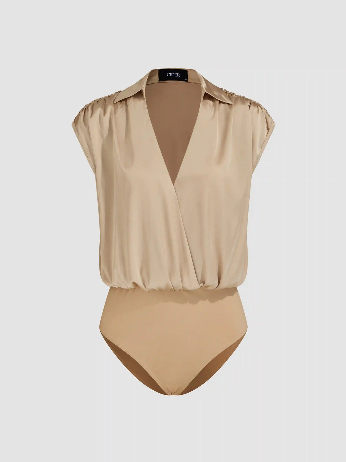 Satin V-neck Solid Ruched Sleeveless Shirt Bodysuit