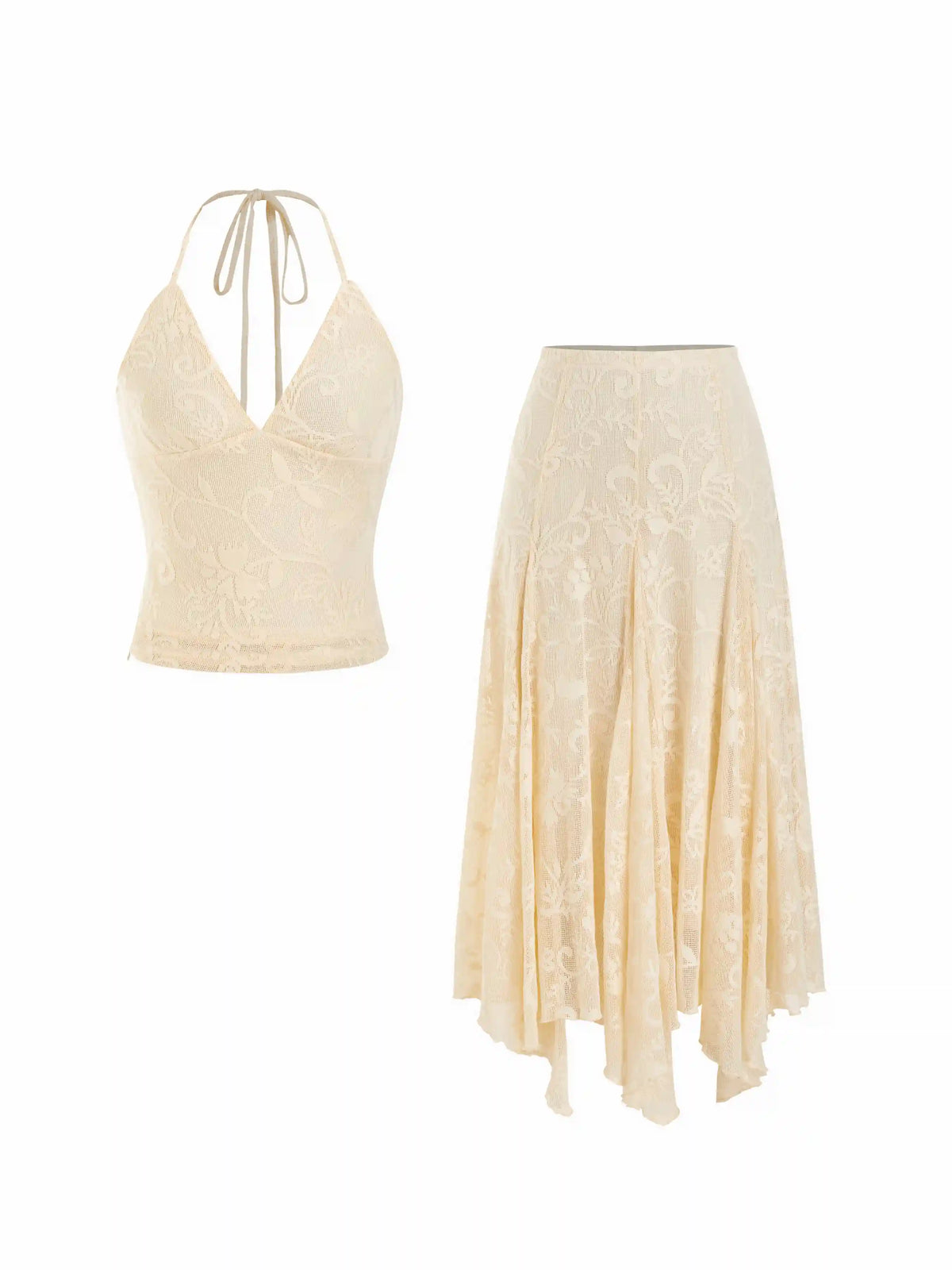 Lace V-neck Halter Neck Top & Asymmetrical Ruffle Midi Skirt Set