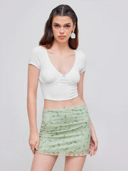 V-neck Solid Bowknot Crop Top & Mesh High Rise Floral Lettuce Trim Mini Skirt Set