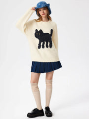 Wool-blend Round Neckline Cat Knitted Long Sleeve Sweater