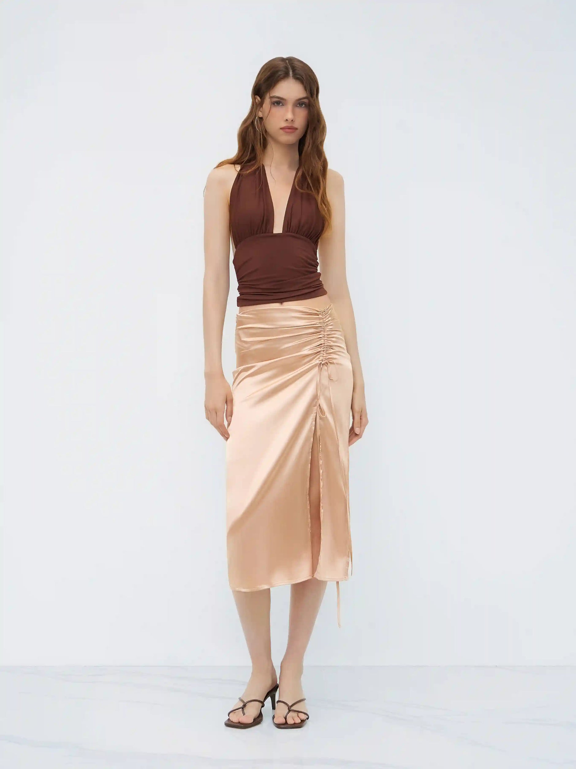 Satin Drawstring Split Midi Skirt