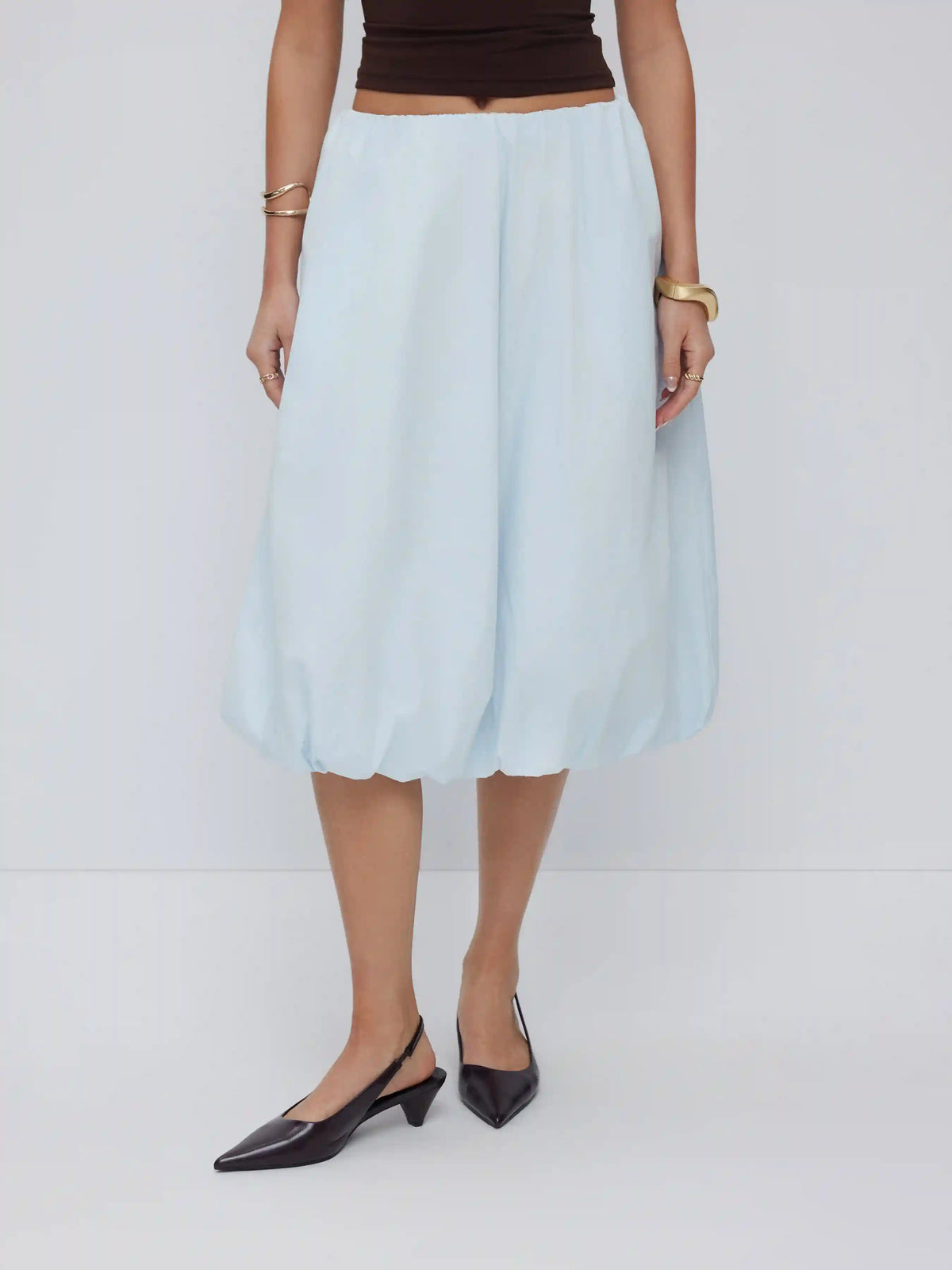 Cotton-blend Low Rise Ruched Bubble Hem Midi Skirt