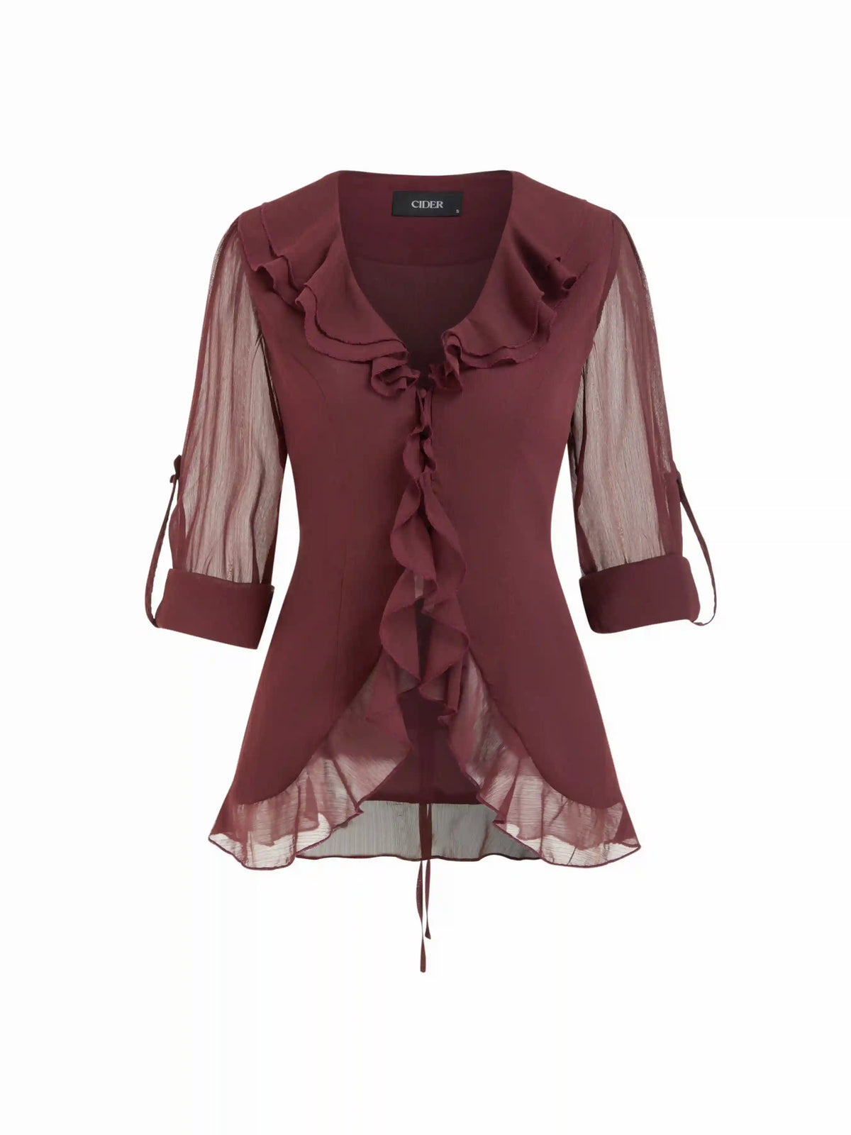 Chiffon V-neck Tie Back Lettuce Trim Ruffle See-through Blouse