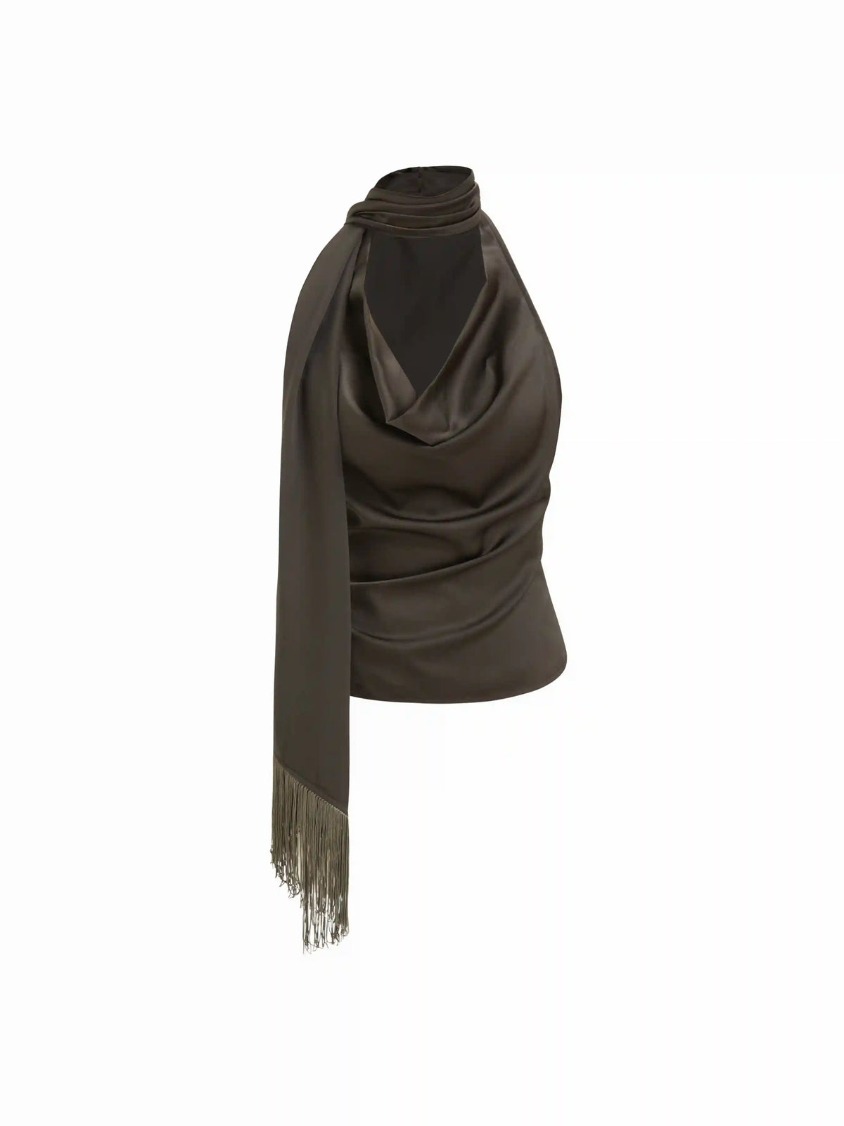 Satin Halter Neckline Draped Ruched Fringe Top