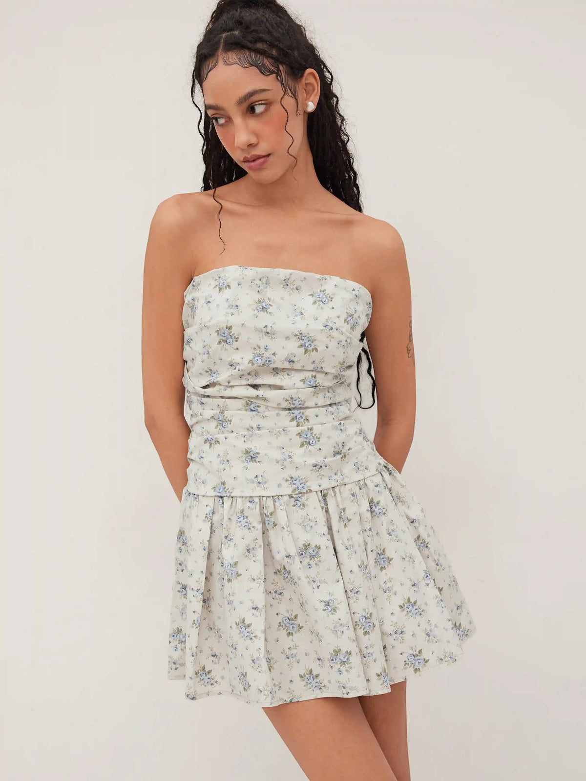 Cotton-blend Floral Ruched Bandeau Mini Dress