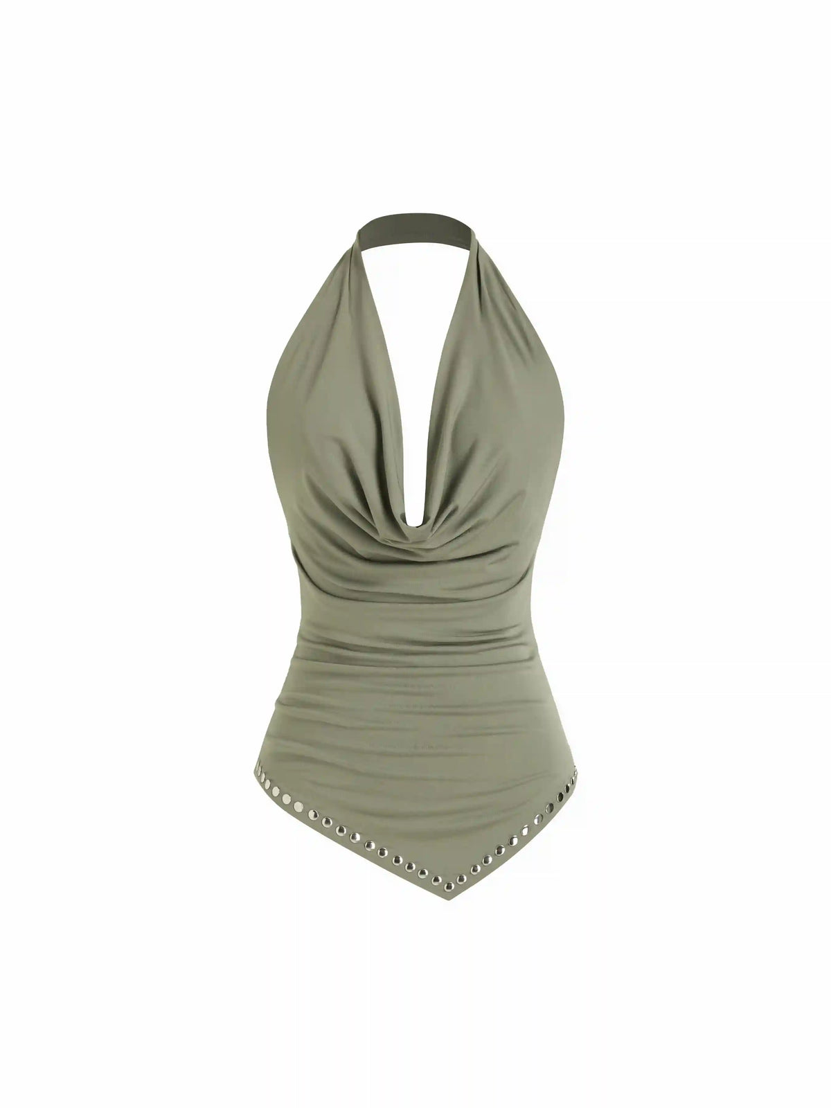 Halter Neckline Ruched Metal Detail Backless Top