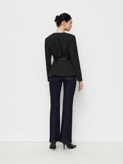 Round Neckline Metal Button Pleated Blazer With Belt