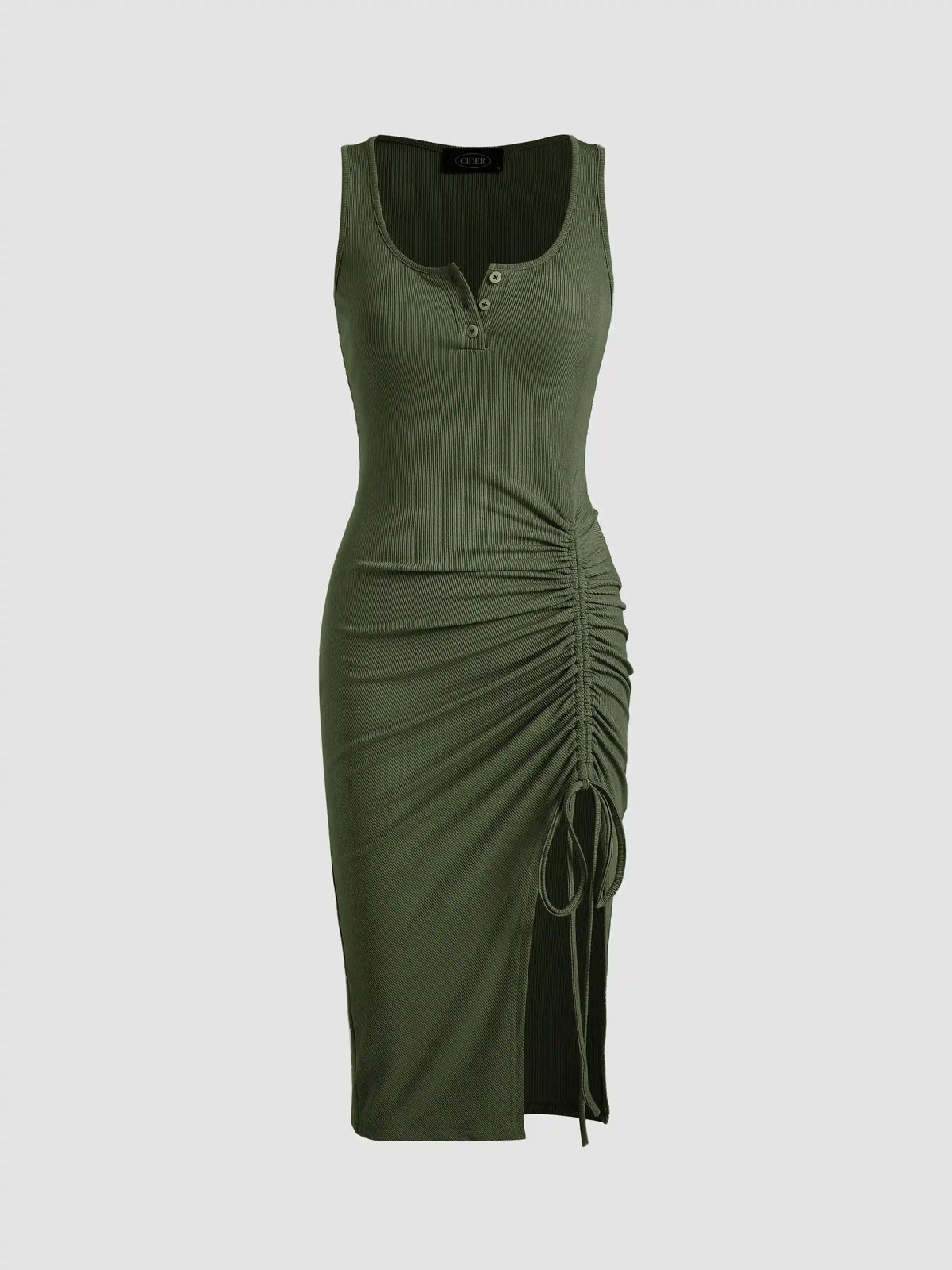Rib Button Drawstring Midi Dress
