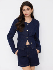 Denim Round Neckline Tie Back Cinched Waist Metal Button Jacket